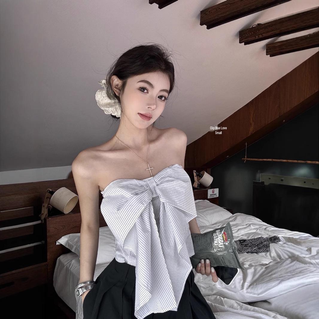 

Women s Summer Slim Fit Bowknot Black Stripe Bandeau Tank Top - Hot Girl Sleeveless Wrap Chest, Short Backless Outerwear One Size [up to 125 lbs]