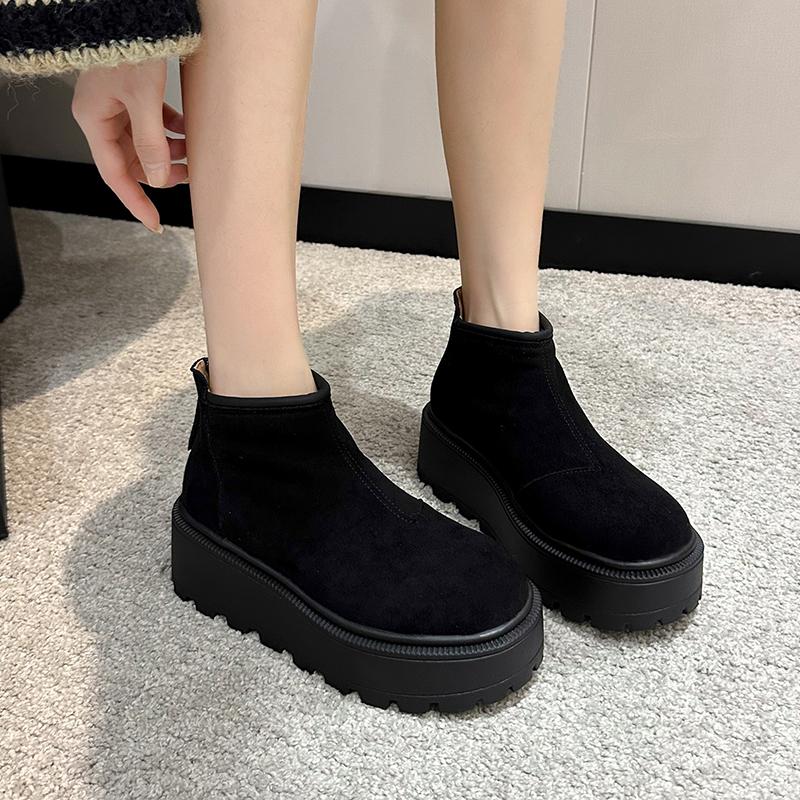 Mode Damenmode Keilabsatz Baumwollstiefel Winter Neu Runde Spitze Wildleder Reißverschluss hinten Dicke Sohle Rutschfest Kurze Schneestiefel