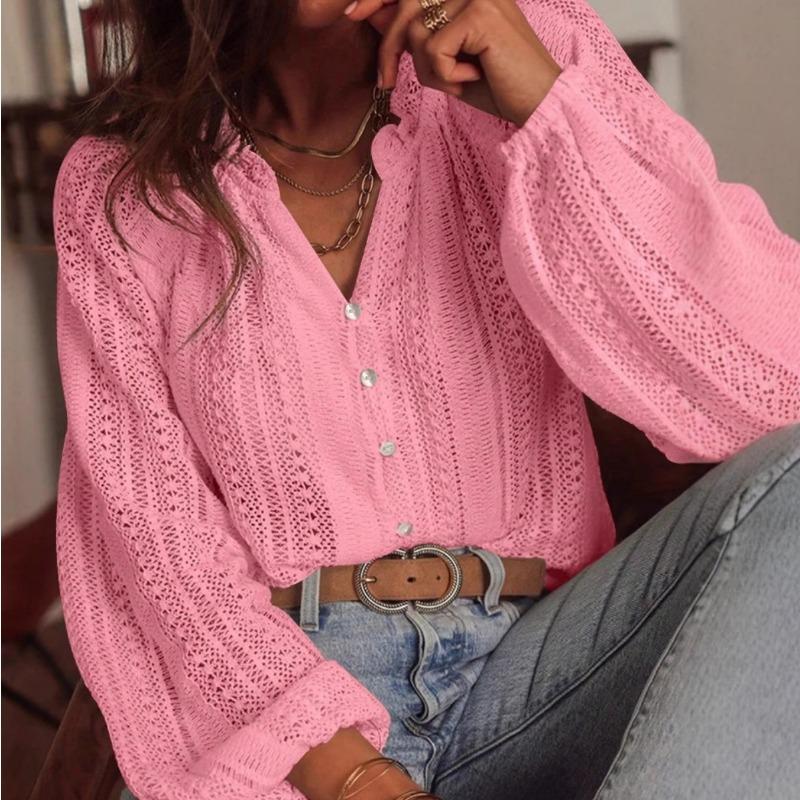 Loose Fashionable Hollow Lace V Neck Long Sleeve Shirt For Women