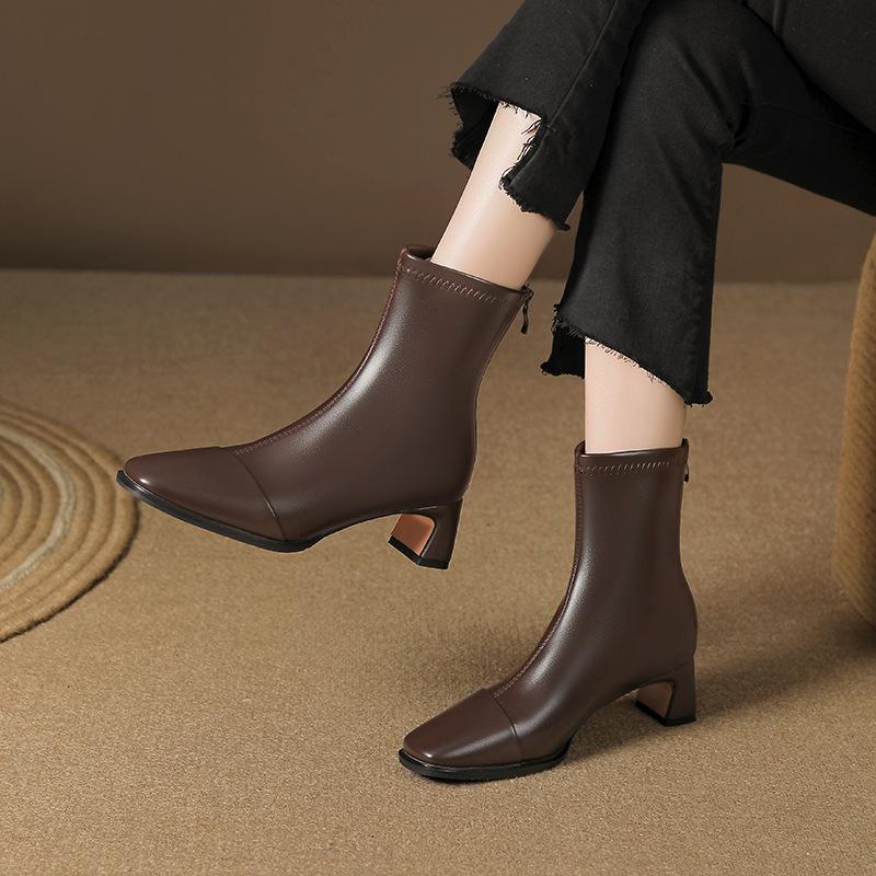832-2 square head thick heel single boots rear zipper Martin boots 2025 autumn and winter new high heel versatile short boots bare boots