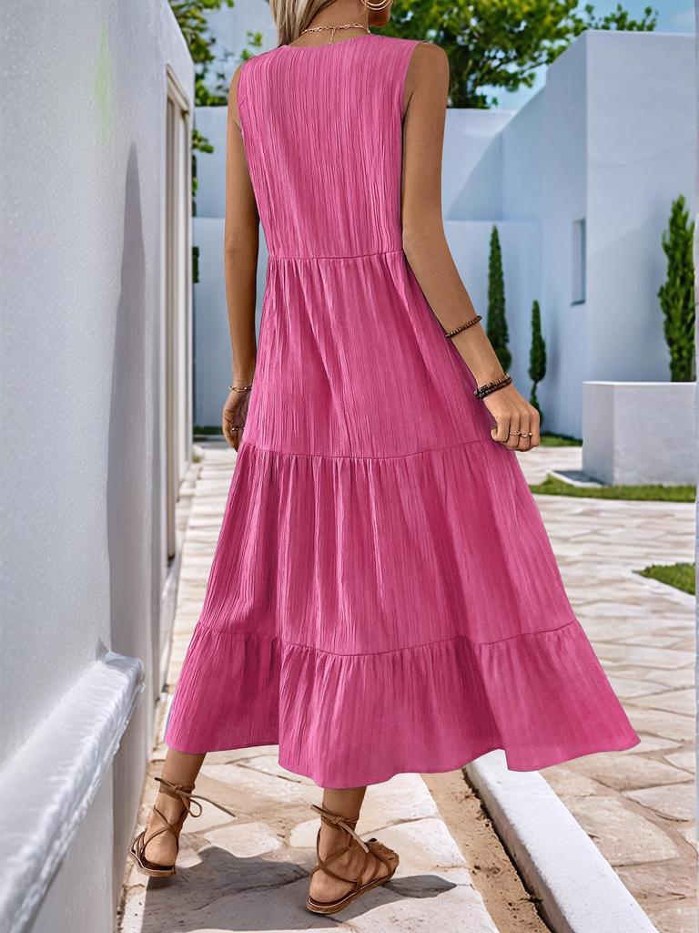 European & American Minimalist V-Neck Button Midi Dress - Sleeveless, Solid Color, Summer 2025 Collection