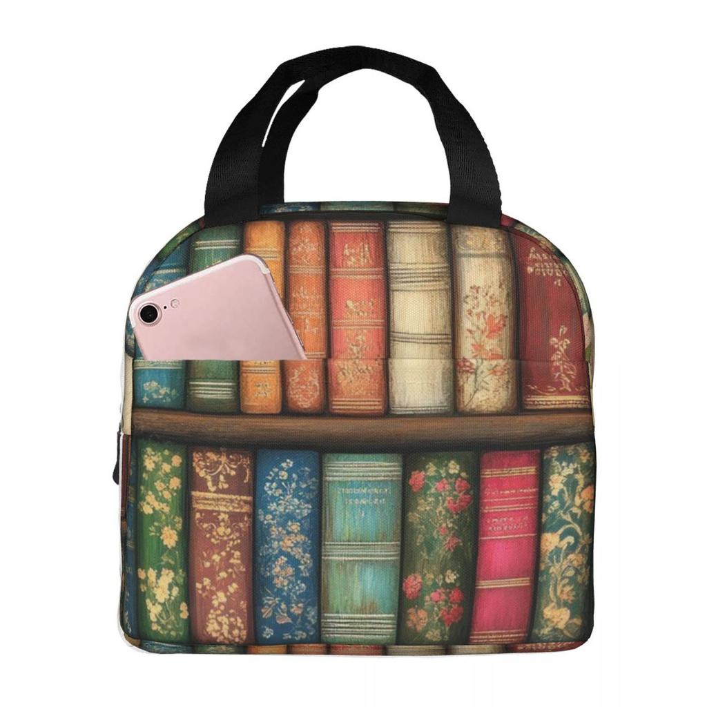 Floral Bookshelf Book And Flower Insulated Lunch Bag for Women Children Leakproof Food Boxes Thermal Lunch Box Tote
