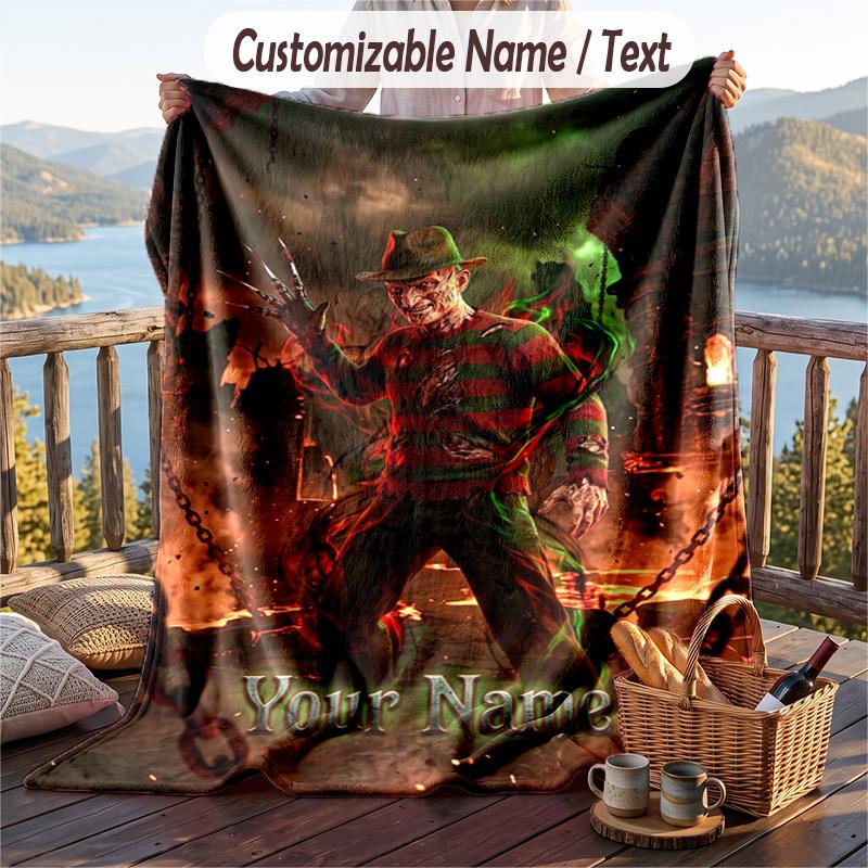 Custom Text Flannel Throw Blanket, Lightweight Cozy Bed Sofa BlanketA Nightmare on Elm Street Freddy Krueger