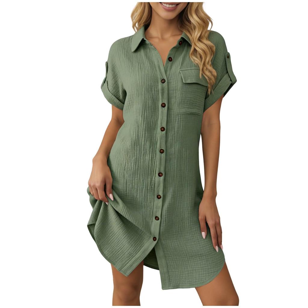 Dresses For Women Short Sleeve Button Down Lapel Maxi Dress Casual Loose Fit Fashion Beach Dress