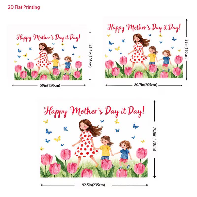 CWhimsical Mother's Day Backdrop, Watercolor Mom and Children in a Tulip Garden with Butterflies, Sweet Spring Party Wall Decor