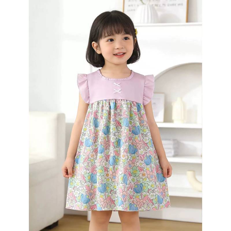 Childrens Summer Flower Print Aline Dress With Breathable Polyester For Toddler Girls