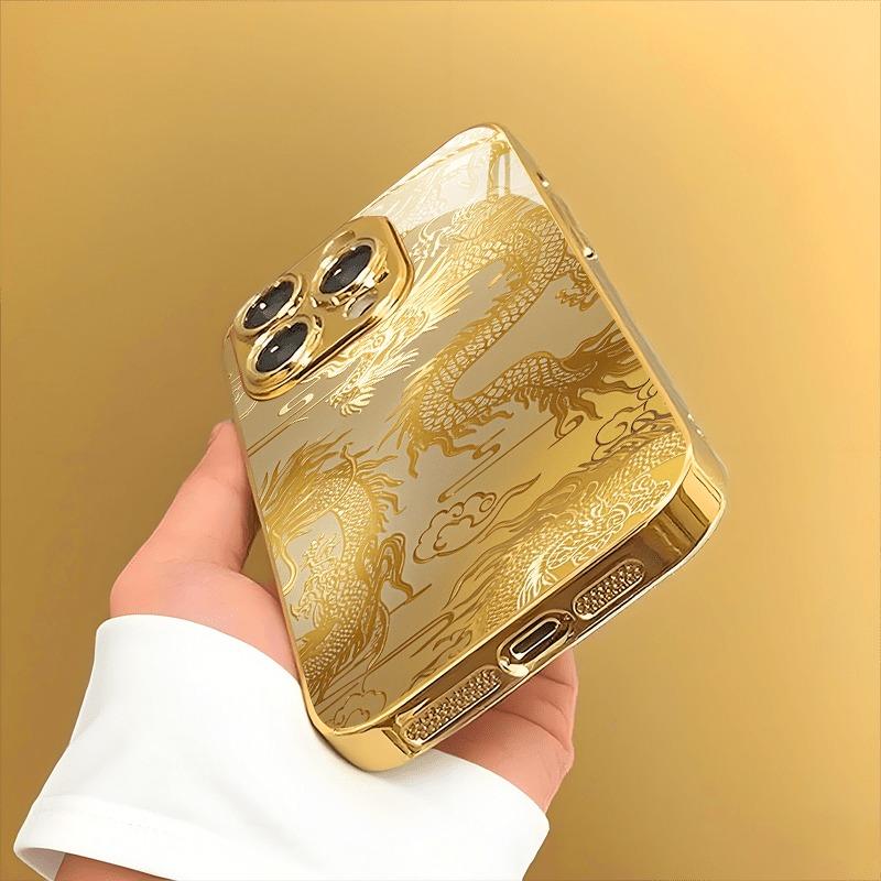 Luxus Goldener Drache Gold Metallic Lack Glas Handyhülle Für iPhone 17 16 15 14 13 12 11 Pro Max 15 14 Plus 17 Air 16E Hülle