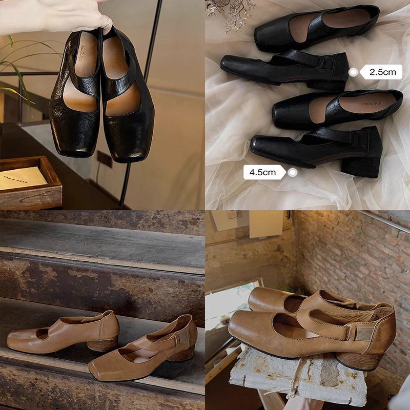 Grape Mom Studio Kadınlar için Yüksek Kaliteli At Derisi Kare Burun Kalın Topuk Deri Loafer - Sonbahar Stili