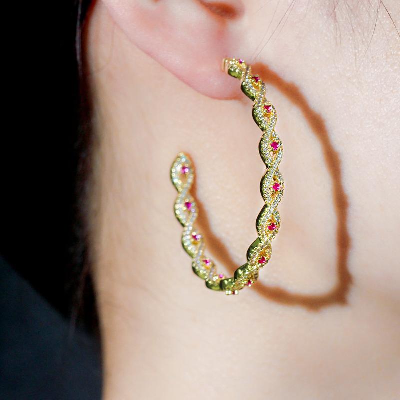 WWJ Glitter Green Zircon Circle Hoop Earrings Golden Color Jewelry