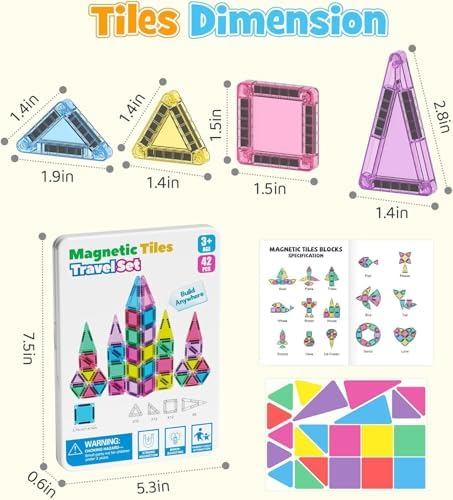 Magnetic Tiles Construction Set 42pcs Travel Toys for Kids Portable MINI Magnetic Building Blocks Montessori Toy Gift for Toddlers 3+ Years