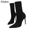 Fashion Eilyken Winter Fashion Stretch Fabric Socks Ankle Boots Women Pointed Toe Thin Heels Slip-On Shoes Female Pumps