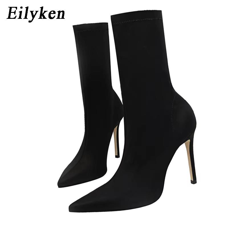 Fashion Eilyken Winter Fashion Stretch Fabric Socks Ankle Boots Women Pointed Toe Thin Heels Slip-On Shoes Female Pumps