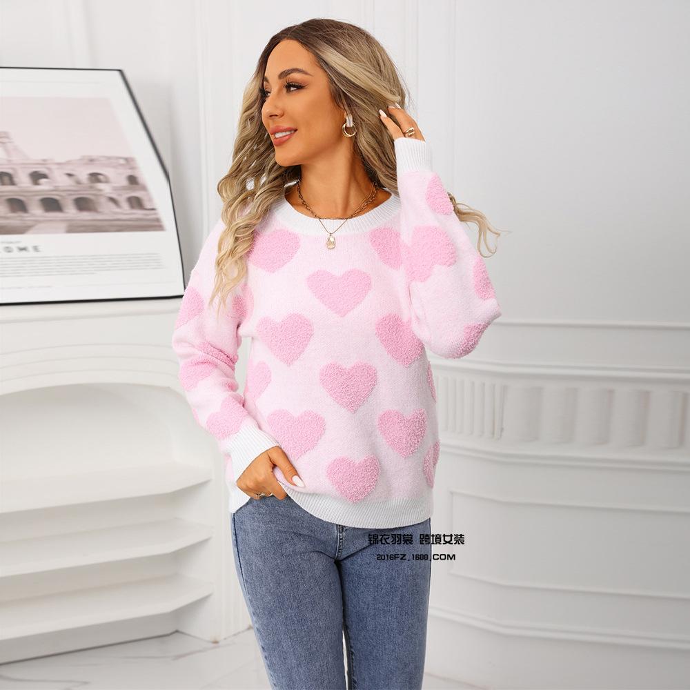 New Valentine's Day Round-neck Loose Top Pullover with Heart-shaped Jacquard Heart Sweater for Women in Autumn and Winter