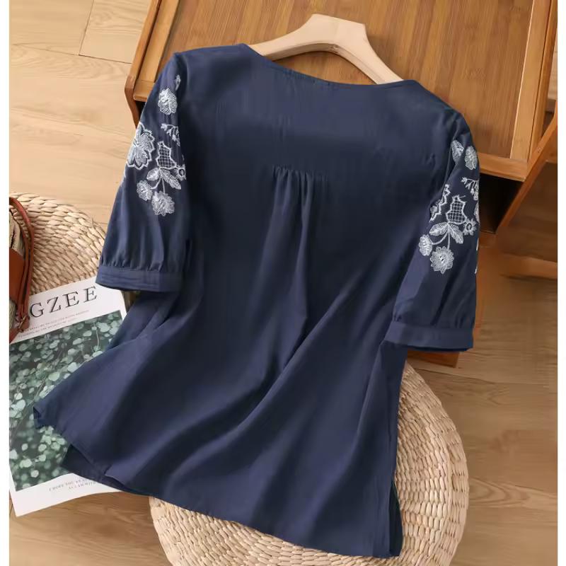 Women's Retro Embroidered Short Sleeved Loose and Thin Breathable T-shirt, Summer Artistic Slimming Casual Top