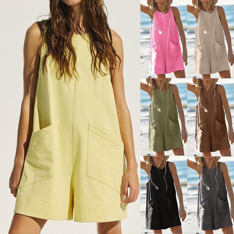 Women European American Style Sleeveless Big Pocket Casual Loose Suspender Cropped Jumpsuit