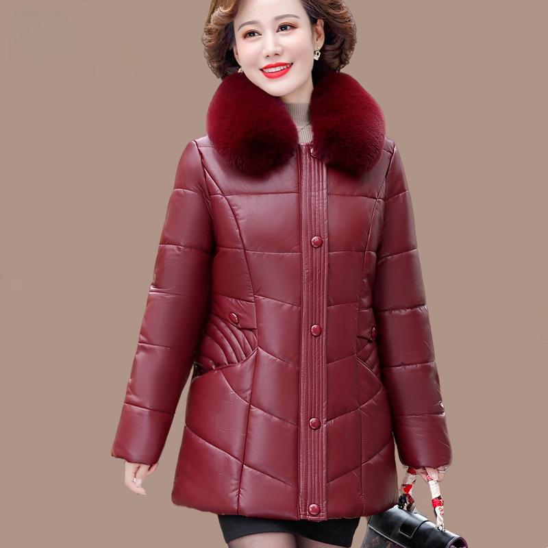 Women's PU Leather Cotton Jacket Thick Warm Windproof Leather Jacket Loose Padded Jacket with Fur Collar