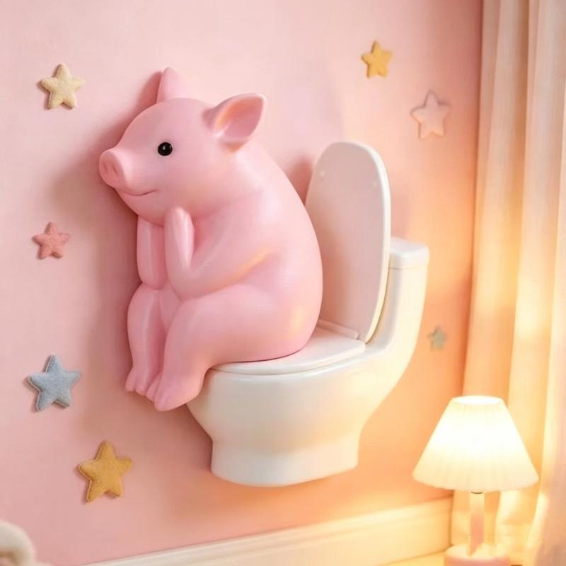 Cute Resin Pink Pig Sitting On Toilet Figurine Adorable Funny Design For Bathroom Bedroom Desktop Home Decor Gift For Pig Lovers
