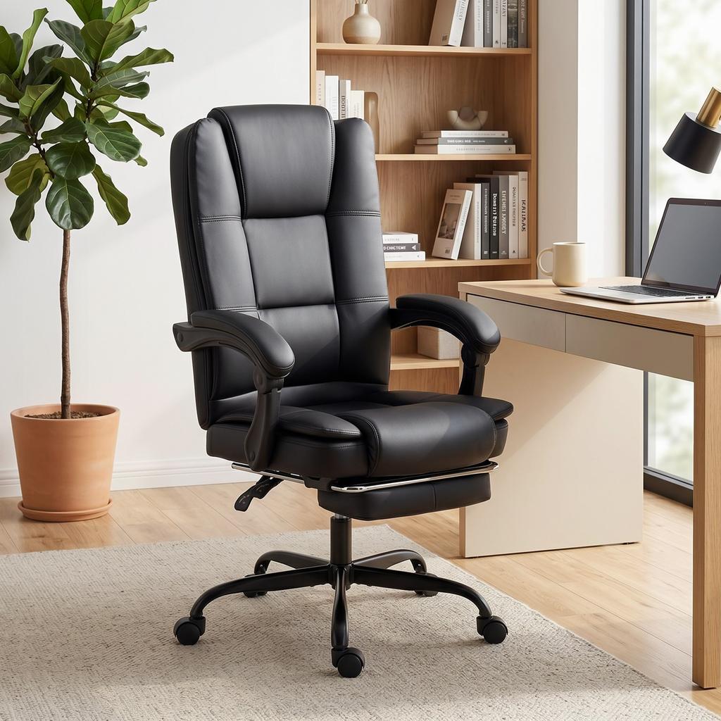 Office Chair, Ergonomic, Reclining PU Leather, Retractable Footrest, Height Adjustable, Black