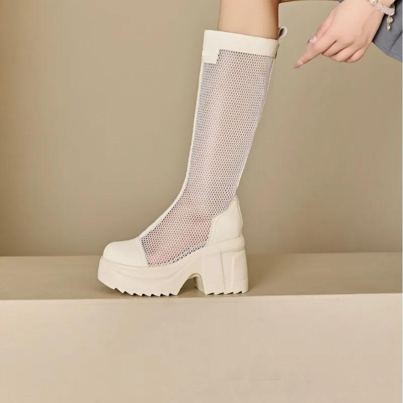 Fashion 10cm Genuine Leather Fashion Knee High Booties Breathable Platform Wedge Hollow Breathable ZIP Sandals Hidden Heels Shoes