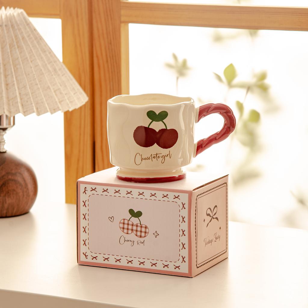 Medium Retro High value Cherry Plaid Ceramic Mug Home Casual Cup Milk Breakfast Cartoon Creativity