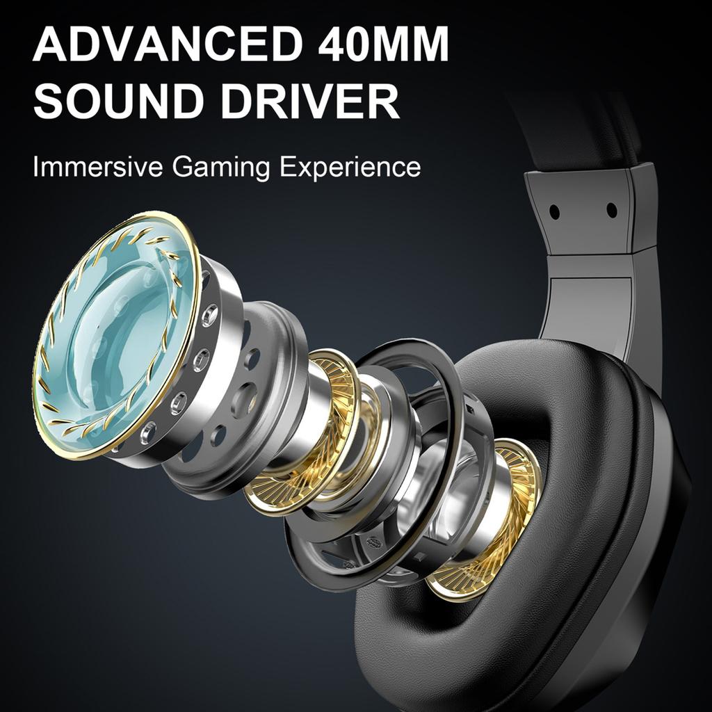 Wireless Gaming Headset with LED Lights, Low Latency Gaming Headphones, 40mm Drivers, Over-Ear Gaming Earphones with Omnidirectional Microphone, Ad