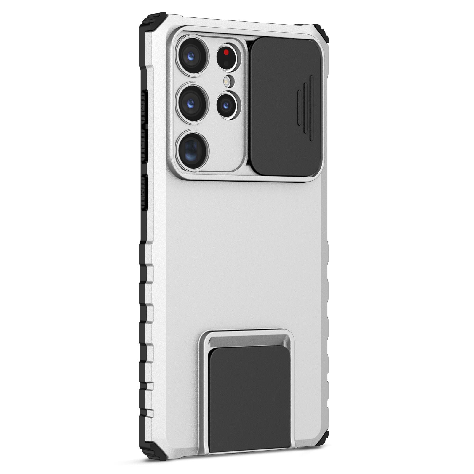 

For Samsung Galaxy S23 Ultra Slide Camera Protection Kickstand Phone Case PC+TPU Protective Cover White