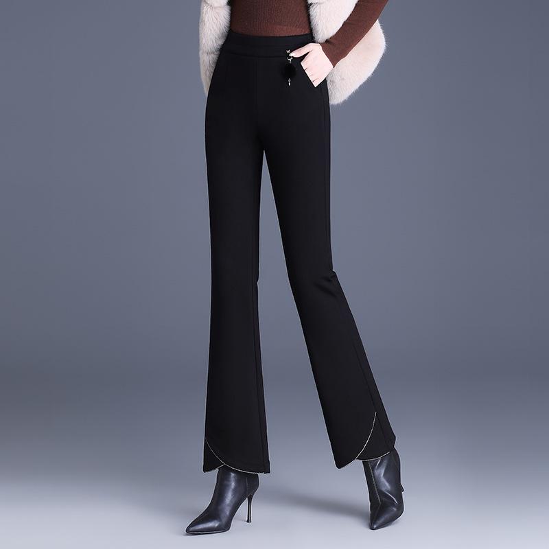 Women's Black Silk Cotton High-Waist Winter Pants - Slimming, Warm, Thickened, Korean-Style, Versatile, Stylish, Slightly Flared.