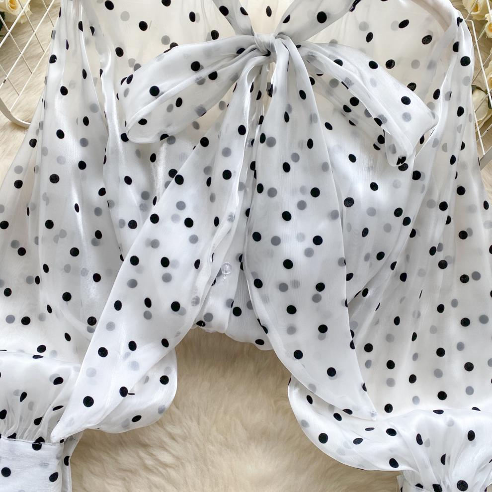 Francouzský Retro Společenský Styl Špičková Polokošile pro Ženy Na Podzim s Bufetovými Rukávy a Designem Mašle, Temperamentní Top