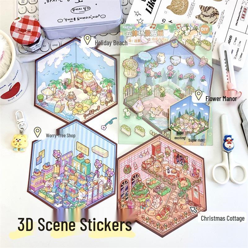 Handmade 3D Layered Children's Scenery Stickers for Bullet Journals