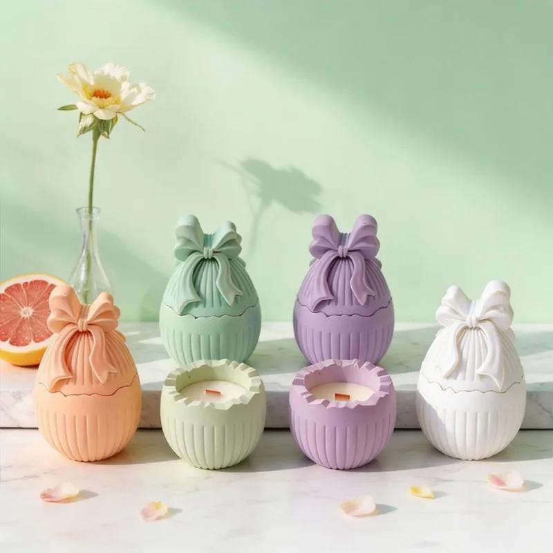 2026 Latest Models Easter Egg Candle Jar Concrete Silicone Mold Candle Holder Mold Bowknot Egg Plaster Storage Candlestick