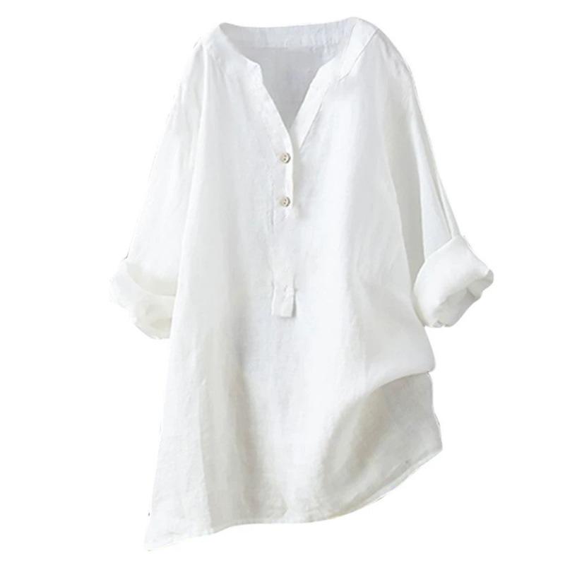 2025 Women's Solid Color Stand Collar Button Long Sleeve Cotton Linen Top