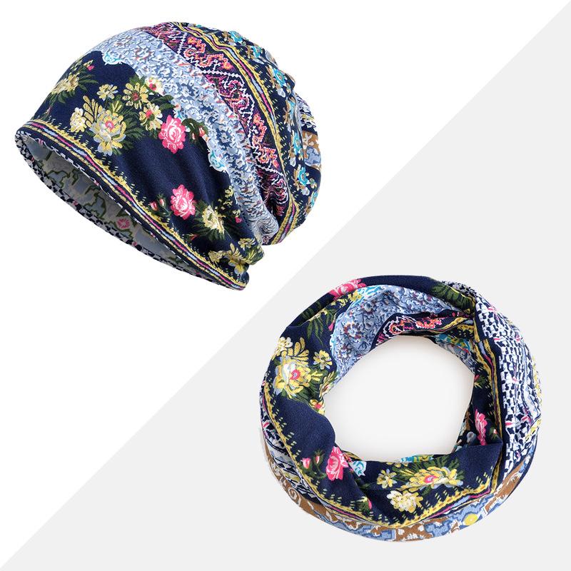Women's Floral Print Cotton Pullover Hat and Scarf Set for Sun Protection
