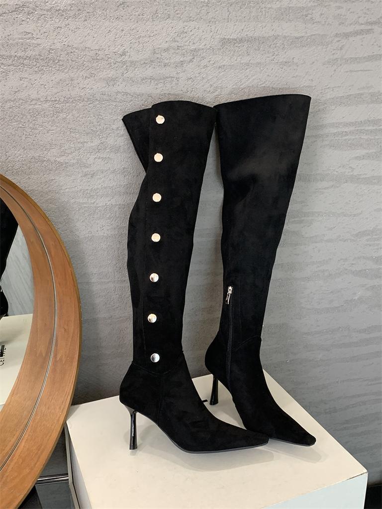 Two Wearing Retro Pointed Tall Pile Boots Women's Thin Heel Knight Boots High Heel Pleated Over Knee Western Boots
