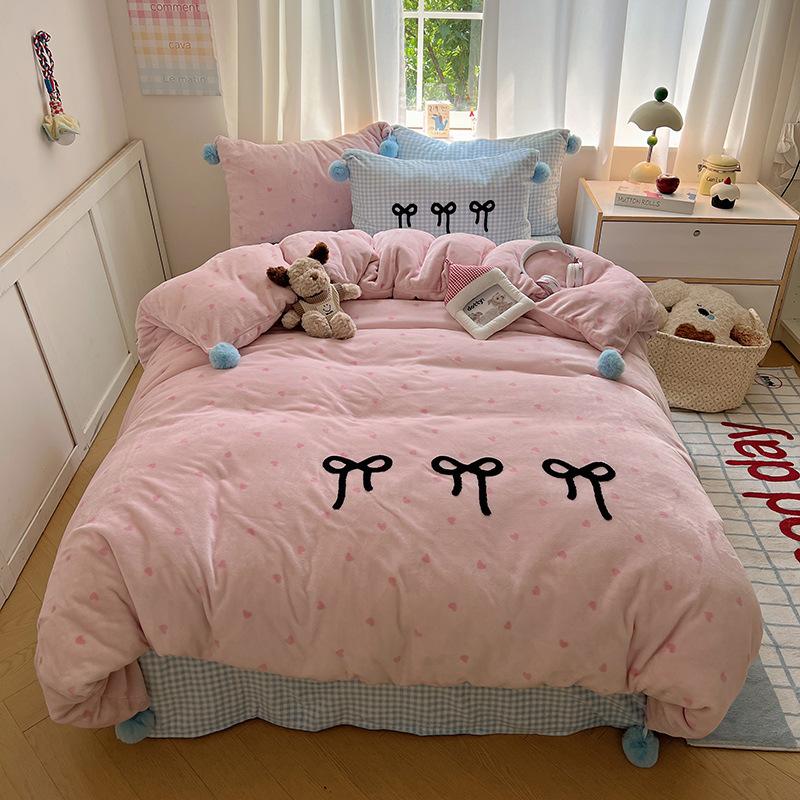 Girl Sweetheart Bow Embroidery Towel Embroidery Printing Thickened Milk Fleece Four-Piece Set