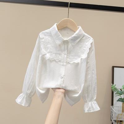 Girls Ruffled Collar Long Sleeve White Blouse Kids Elegant Lapel Button Down Shirt