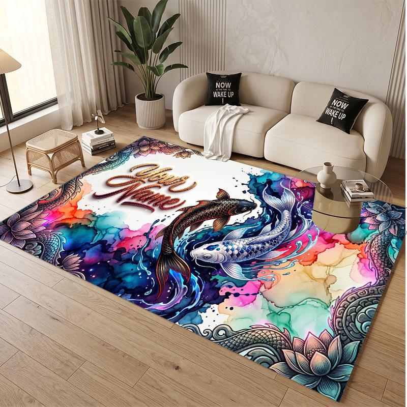 Fish Ocean Theme Soft Crystal Velvet Rug Custom Name & Text Print Non Slip Floor Rug for Bedroom Living Room