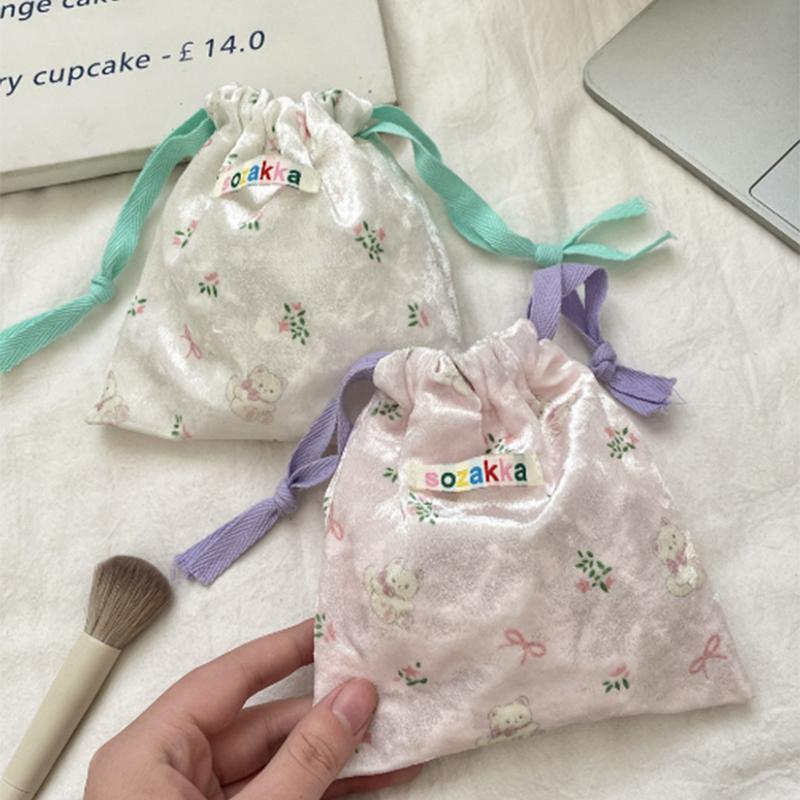 Cartoon Floral Bear Drawstring Storage Bag Women Jewelry Lipstick Makeup Bag Coin Purse Multifunctional Travel Packaging Bag
