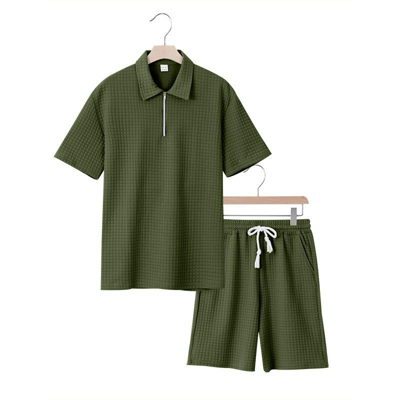 Summer Men’s Short-Sleeved Set: Jacquard Small Check Loose-Fit Casual Polo Shirt Set for Men
