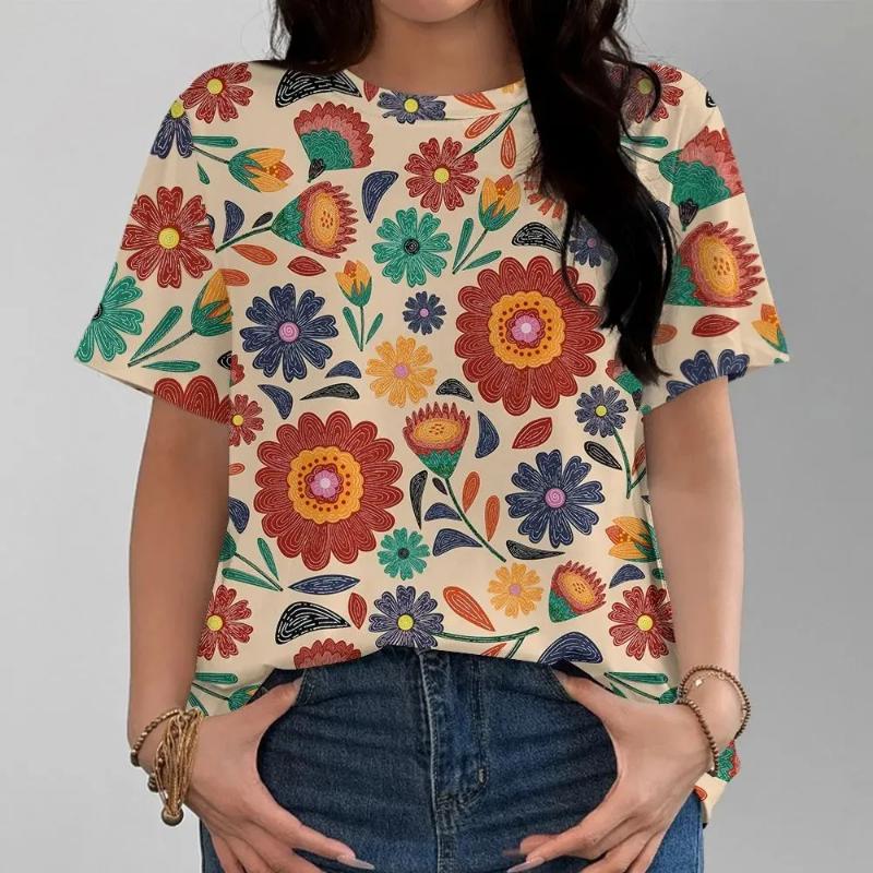 Flower Short Sleeve 3D Flower Color Printing Fashion Women's Crew Neck Short Sleeve Crew Neck T-Shirt Senior Women's Clothing