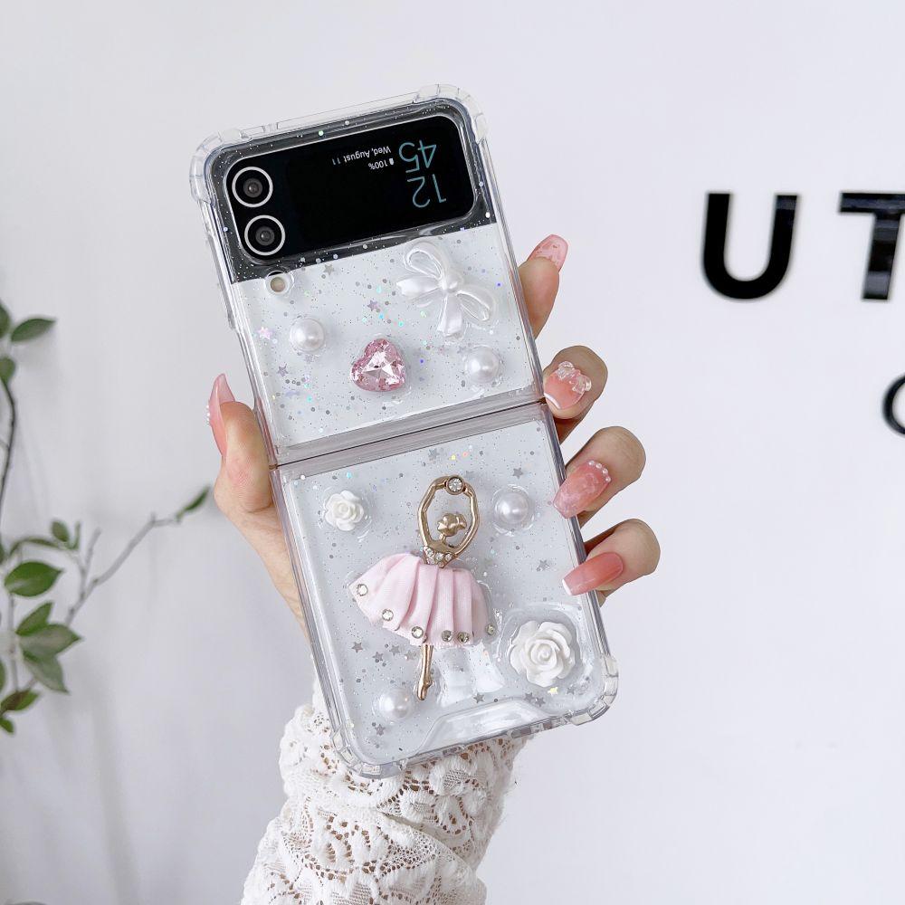 For Samsung Z Flip 4 Case 3d Bow Girl Transparent Folding Phone Case For Samsung Z Flip 3 5g Zflip4 Shockproof Hard Back Cover