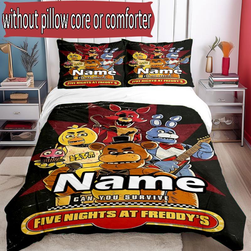 3'lü Nevresim Takımı (1*Nevresim Kılıfı + 2*Yastık Kılıfı, Çekirdeksiz), Özel İsimli Five Nights at Freddy's Desenli Nevresim Takımı, Ev Yatak Odası Dekorasyonu Hediye