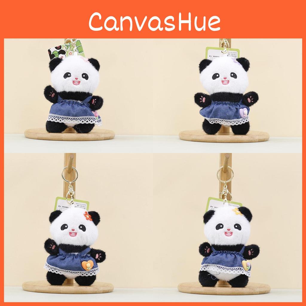 Plush Panda Doll Keychain Pendant Wearing Lace Edged Denim Skirt Design For Kids
