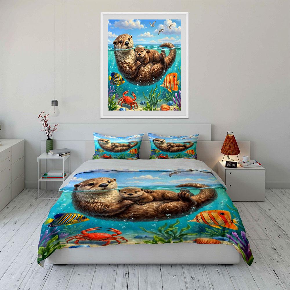 Otter Family With Marine Life Printed Duvet Cover Set1 Duvet Cover+2 Pillowcasemulti Size Bedroom Bedding Decor Luxury Gifts