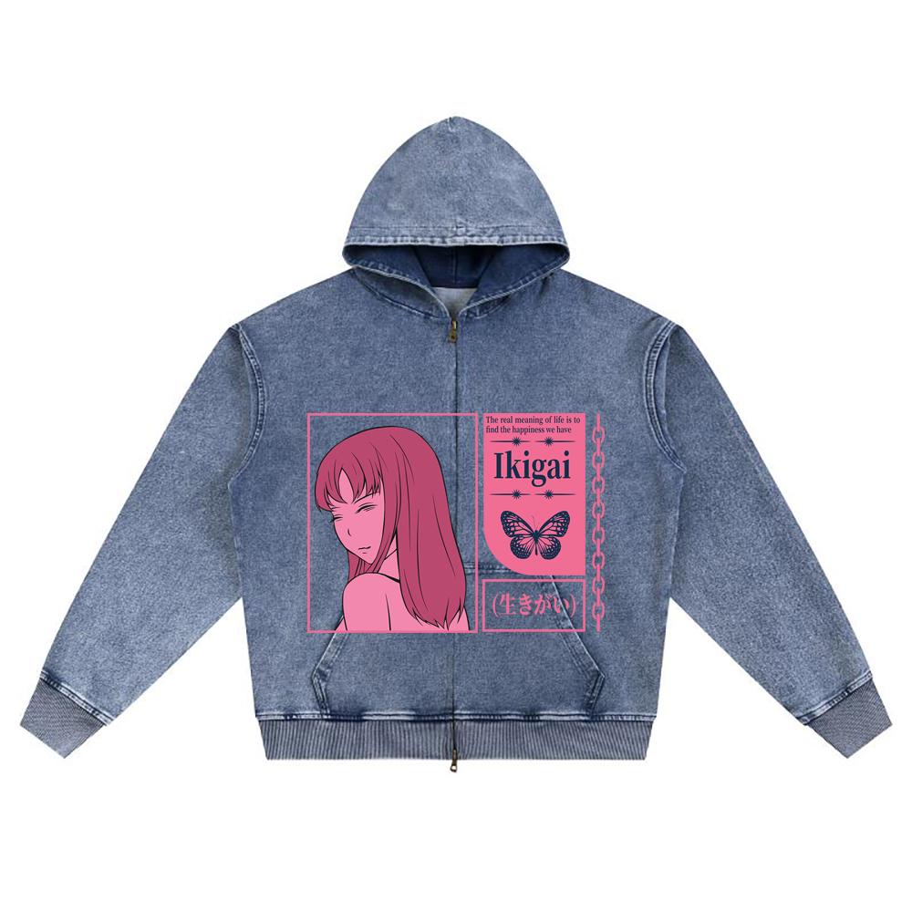 DTG print Knitted Denim Zip-Up Hoodie anime streetwear 30 Brother Print Zipper Hoodies  
