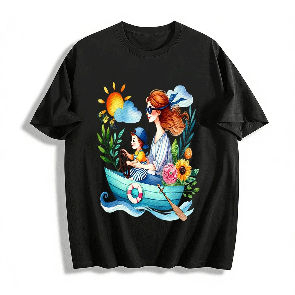 Mommy And Child Sailing Themed Graphic Casual Top Pure cotton T-shirt XXS