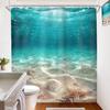Blue Ocean Shower Curtain With Coastal Sunset Seaside Scenery, Rustic Starfish Shells And Pearls Design Bathroom Set