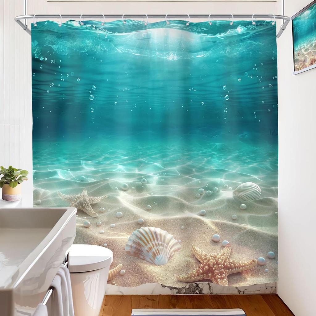 Blue Ocean Shower Curtain With Coastal Sunset Seaside Scenery, Rustic Starfish Shells And Pearls Design Bathroom Set