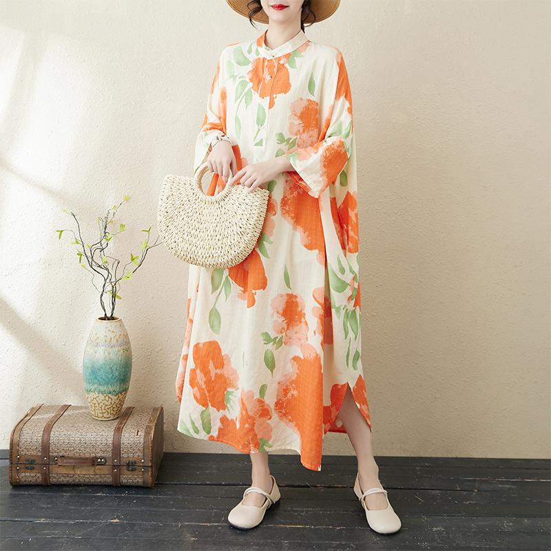 Dimanaf 2025 Plus Size New Summer Women Casual Linen Vintage Long Dress Flower Loose Printing Dress Maxi