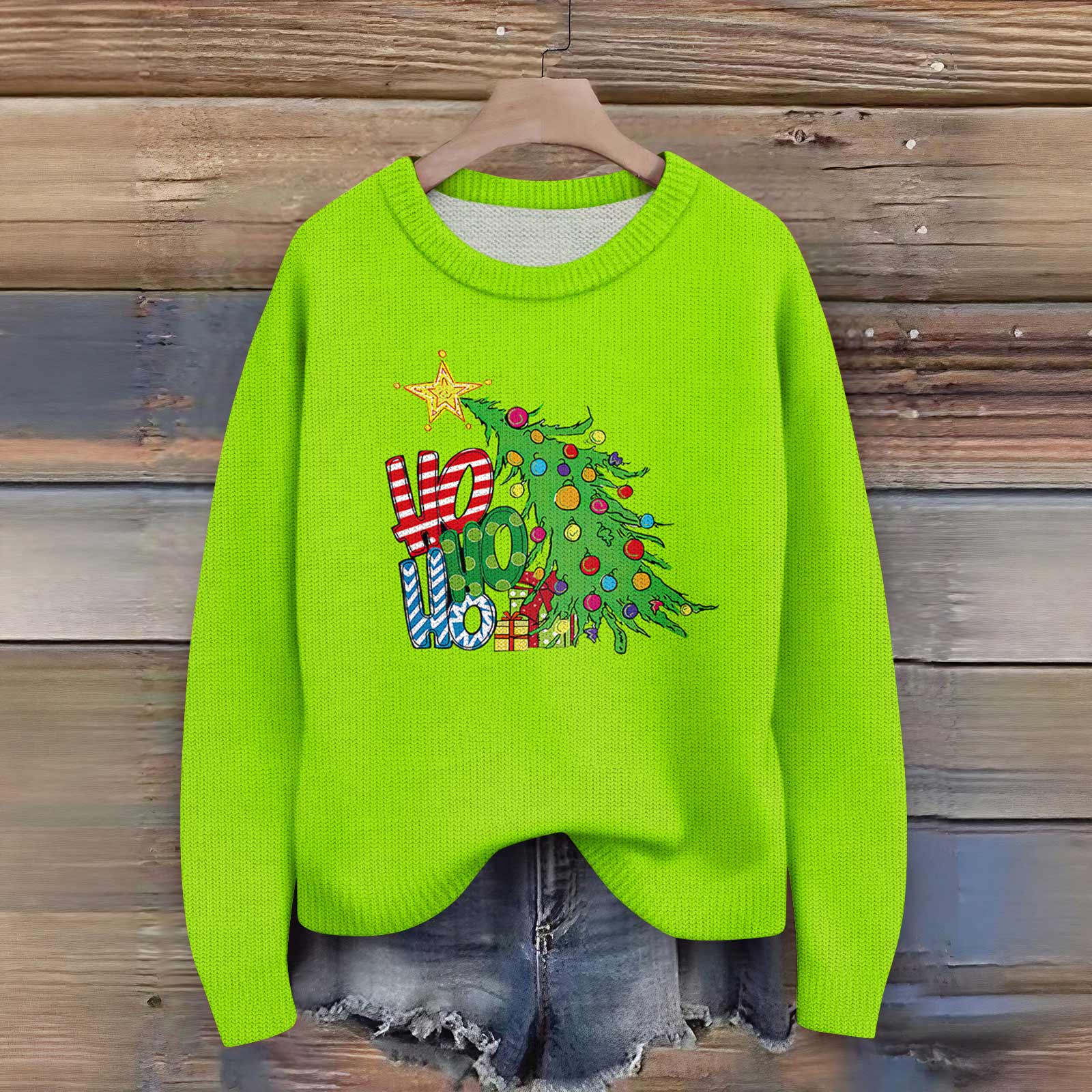 

Пуловеры с длинным рукавом для женщин, с круглым вырезом, повседневные, милые, с принтом, вязаные, оверсайз XL зелёный