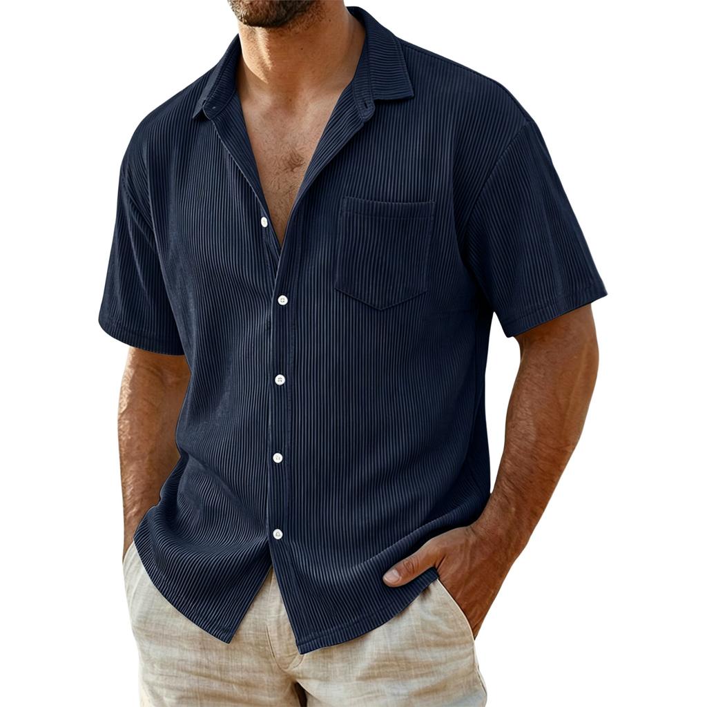 Men Corduroy Shirt Short Sleeve Button Down Casual Loose Fit Collar Pocket Striped Lightweight Summer Shirt